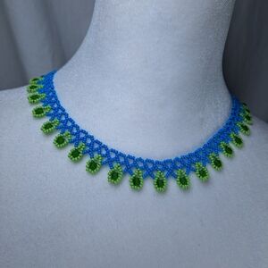 Vibrant Blue and Green Beaded Necklace Netting